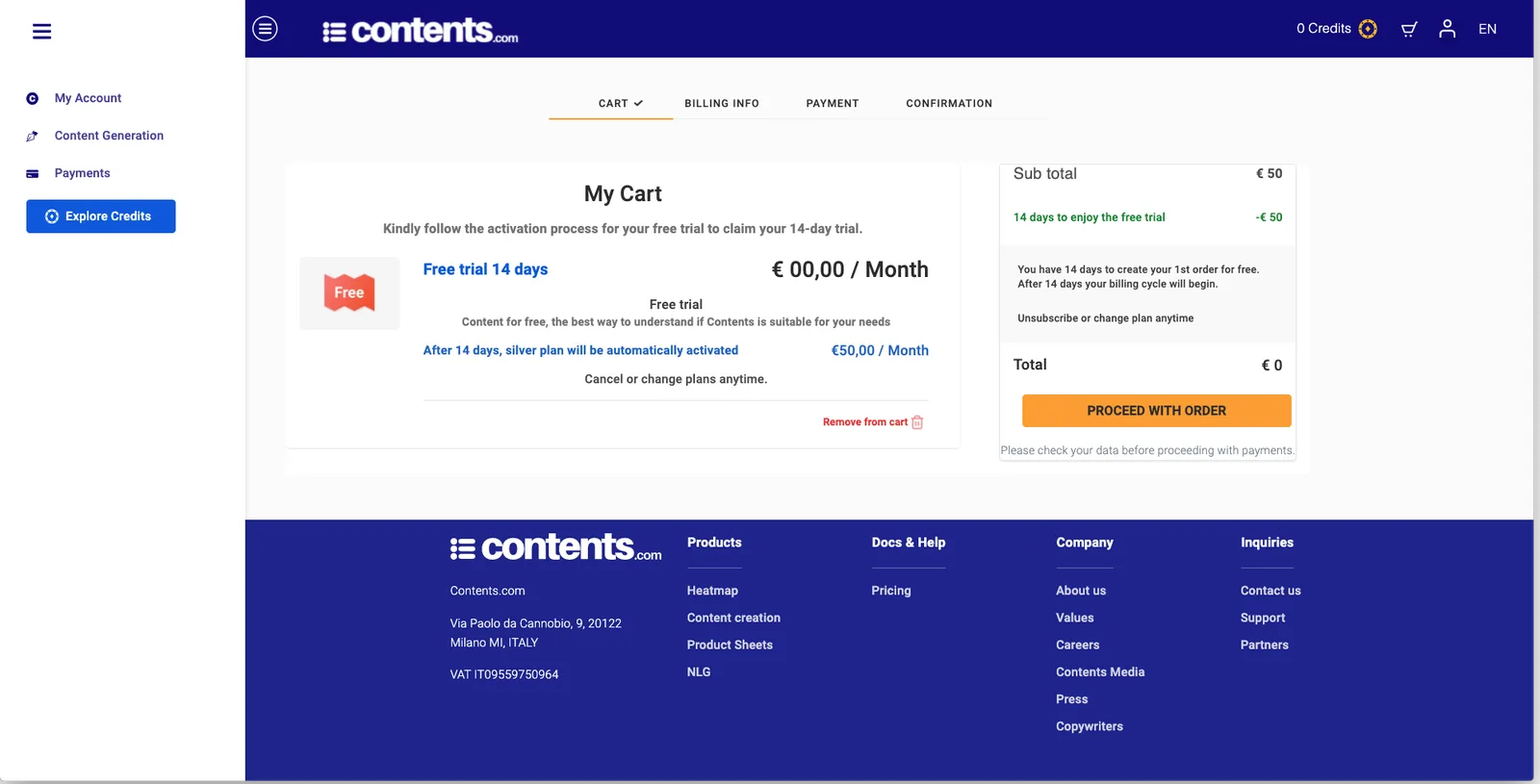 Checkout with a 14-day free trial built into the subscription flow.